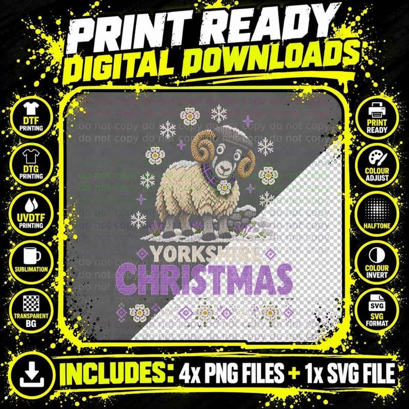 Yorkshire Christmas Swaledale Ram White Rose Ugly Sweater Halftone T-Shirt Png SVG Digital Bundle