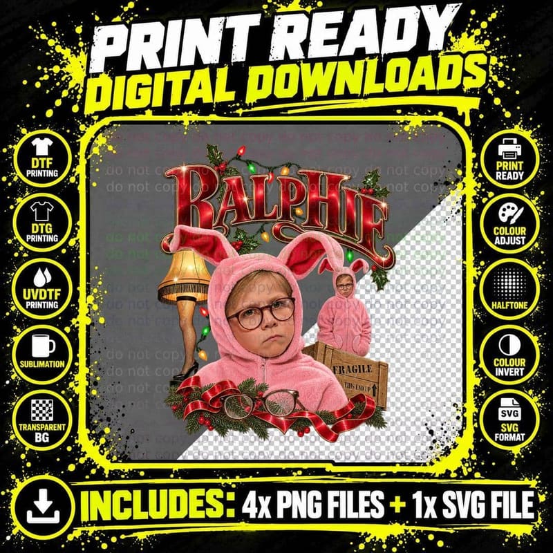 Ralphie Pink Bunny Suit Christmas 80s Holiday Movie Leg Lamp Retro T-Shirt Png SVG Digital Bundle