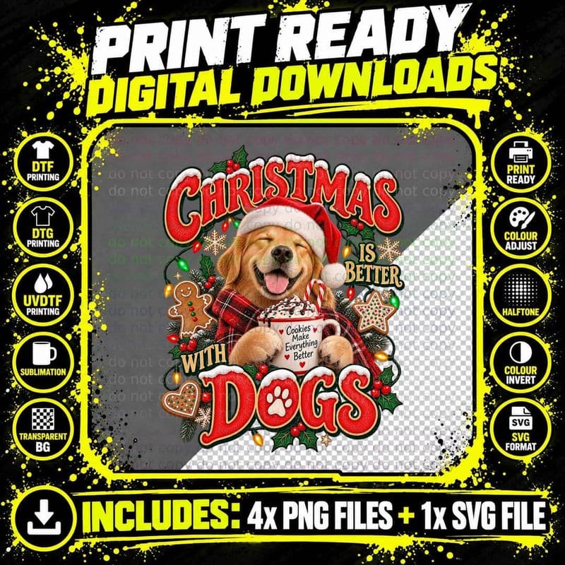 Christmas Is Better With Dogs Golden Retriever Santa Hat Cookies Retro T-Shirt Png SVG Digital Bundle