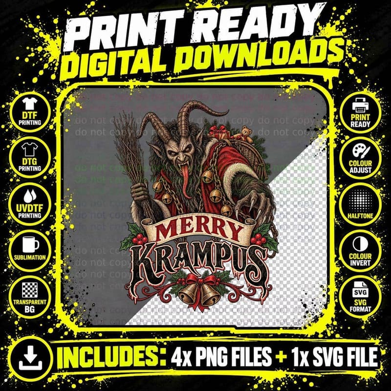 Merry Krampus Christmas Demon Folklore Horror Vintage Gothic Yule T-Shirt Png SVG Digital Bundle