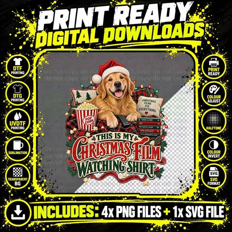 Christmas Film Watching Shirt Golden Retriever Santa Hat Popcorn Dog T-Shirt Png SVG Digital Bundle