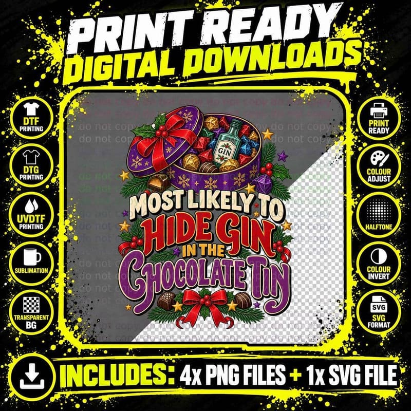 Christmas Chocolate Tin Hidden Gin Funny British Png SVG Digital Bundle