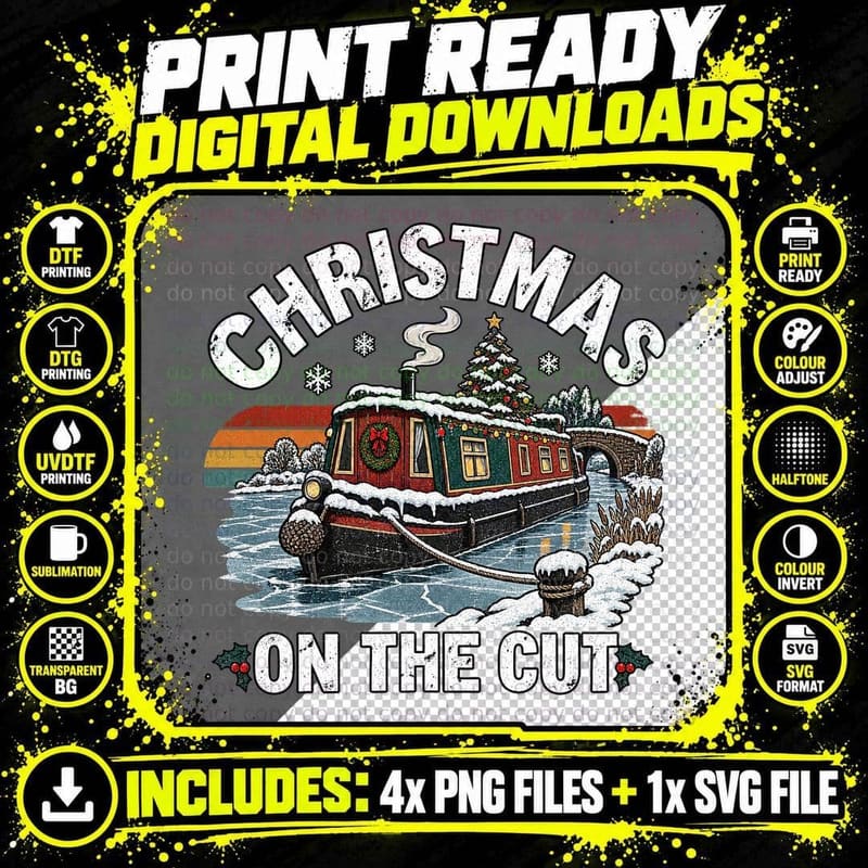 Christmas Narrowboat Retro Canal Boat Wintertime Boating Png SVG Digital Bundle