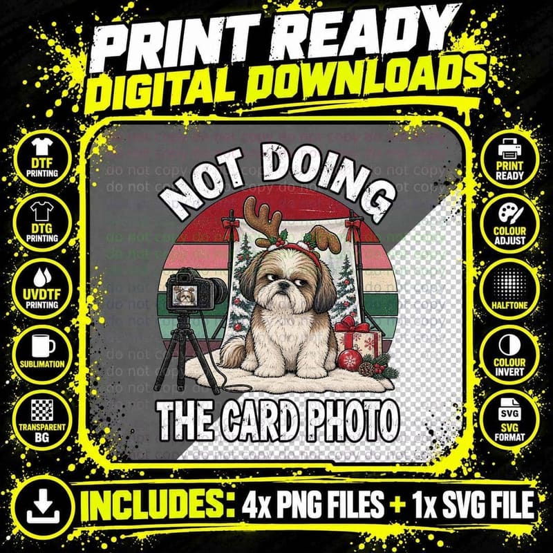 Christmas Shih Tzu Retro Funny Dog Reindeer Pet Photo Png SVG Digital Bundle