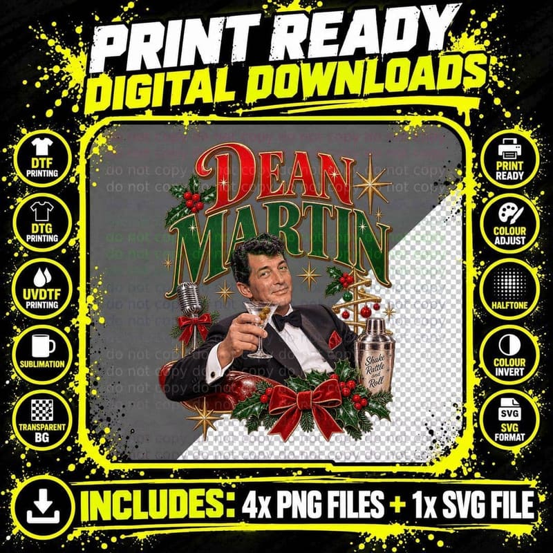 Dean Classic Crooner Christmas Martini Tuxedo Vintage 50s Lounge Singer T-Shirt Png SVG Digital Bundle