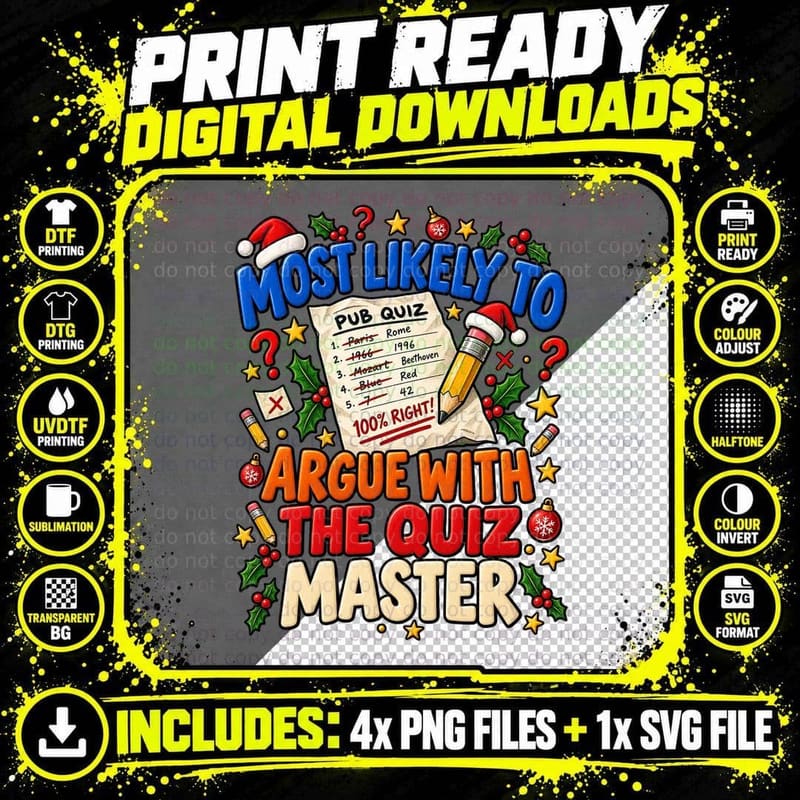 Most Likely To Argue With The Quiz Master Christmas Pub Trivia Night T-Shirt Png SVG Digital Bundle