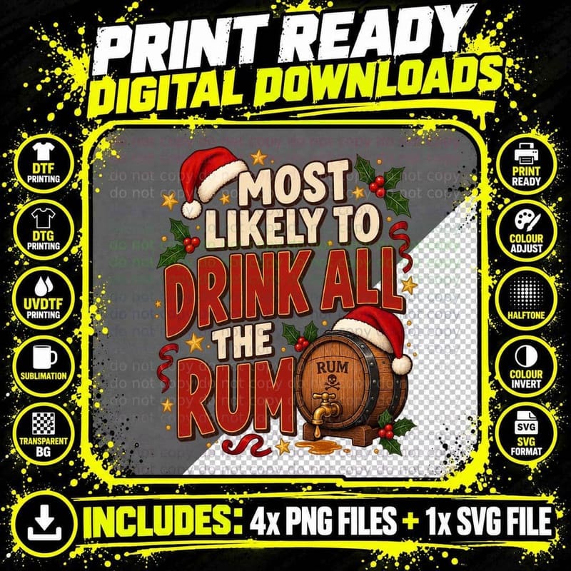 Most Likely To Drink All The Rum Christmas Party Pirate Barrel Funny T-Shirt Png SVG Digital Bundle