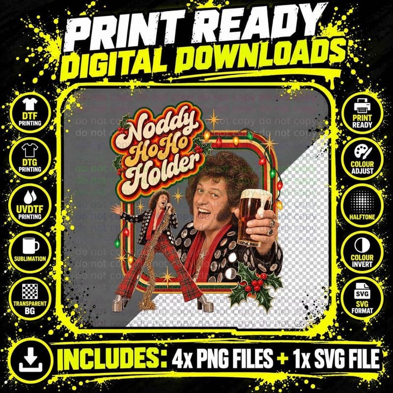 Merry Xmas Everybody Noddy 70s Glam Rock Singer Tartan Flares Pint Retro T-Shirt Png SVG Digital Bundle