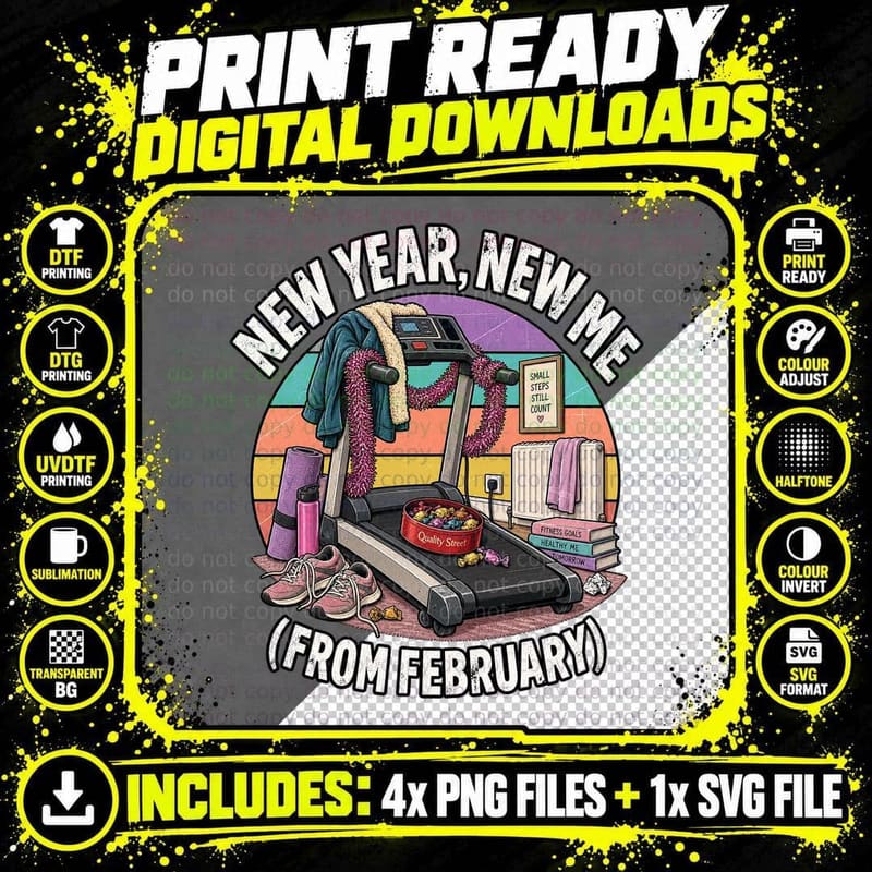 New Year New Me Retro Funny Gym Fitness Resolution Png SVG Digital Bundle
