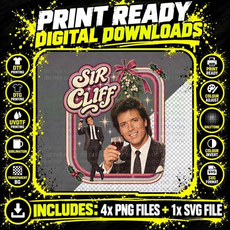 Sir Cliff Mistletoe And Wine Christmas Classic 80s Pop Singer Retro T-Shirt Png SVG Digital Bundle