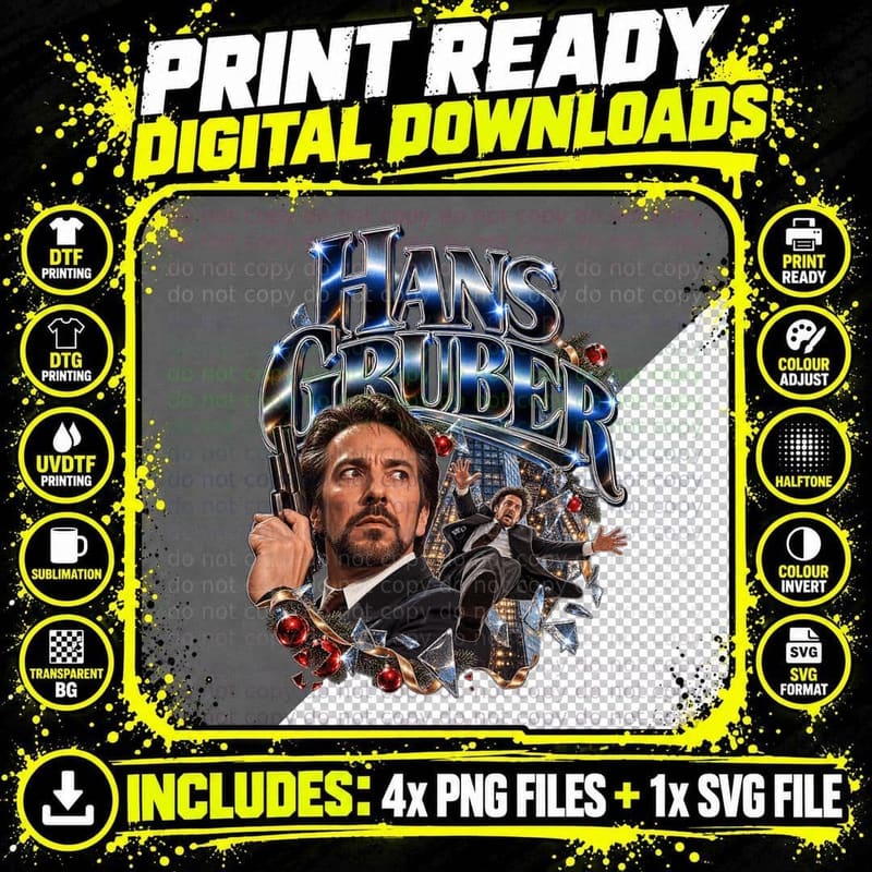 Vintage Hans Gruber Alan Rickman Christmas Movie Retro Png SVG Digital Bundle