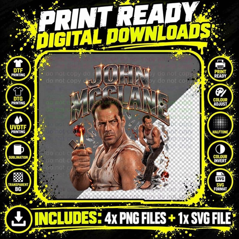Vintage John McClane Bruce Willis Christmas Action Retro Png SVG Digital Bundle