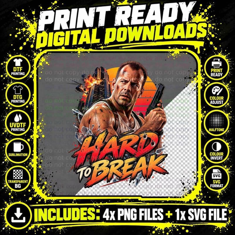 Hard To Break Bruce 80s Action Hero McClane Skyscraper Explosion Retro T-Shirt Png SVG Digital Bundle