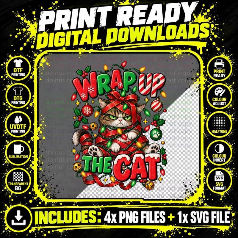 Christmas Vacation Cartoon Wrap Up the Cat Funny Png SVG Digital Bundle