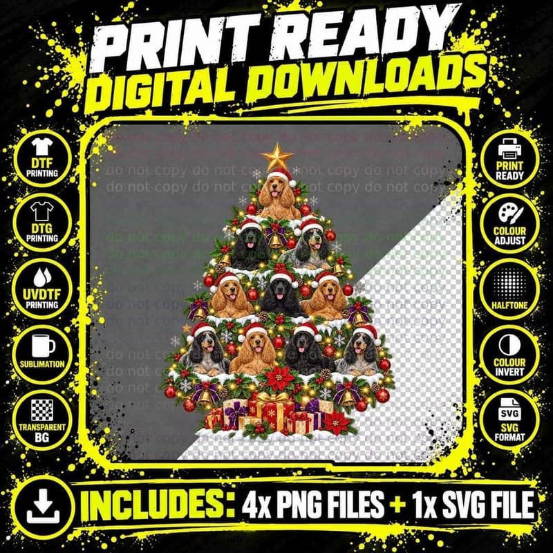 Cocker Spaniel Christmas Tree Vintage Cartoon Dog Lover Png SVG Digital Bundle