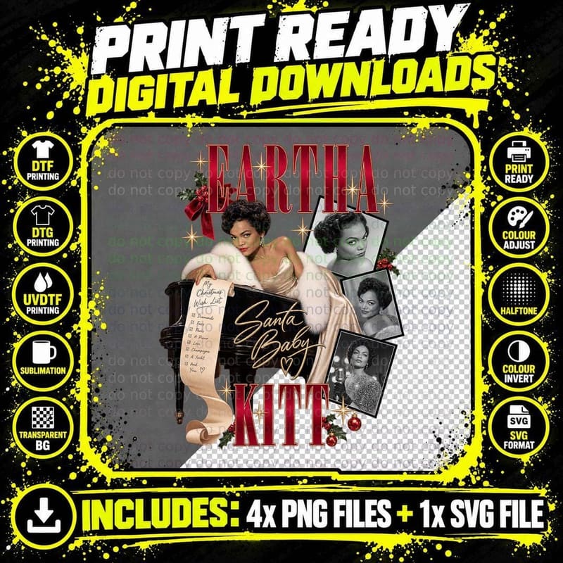Eartha Kitt Vintage Santa Baby Christmas Jazz Cabaret Png SVG Digital Bundle