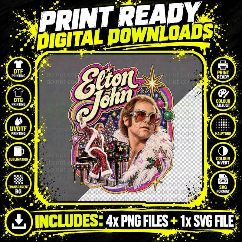 Elton John Vintage Christmas Glam Rock Seventies Music Png SVG Digital Bundle