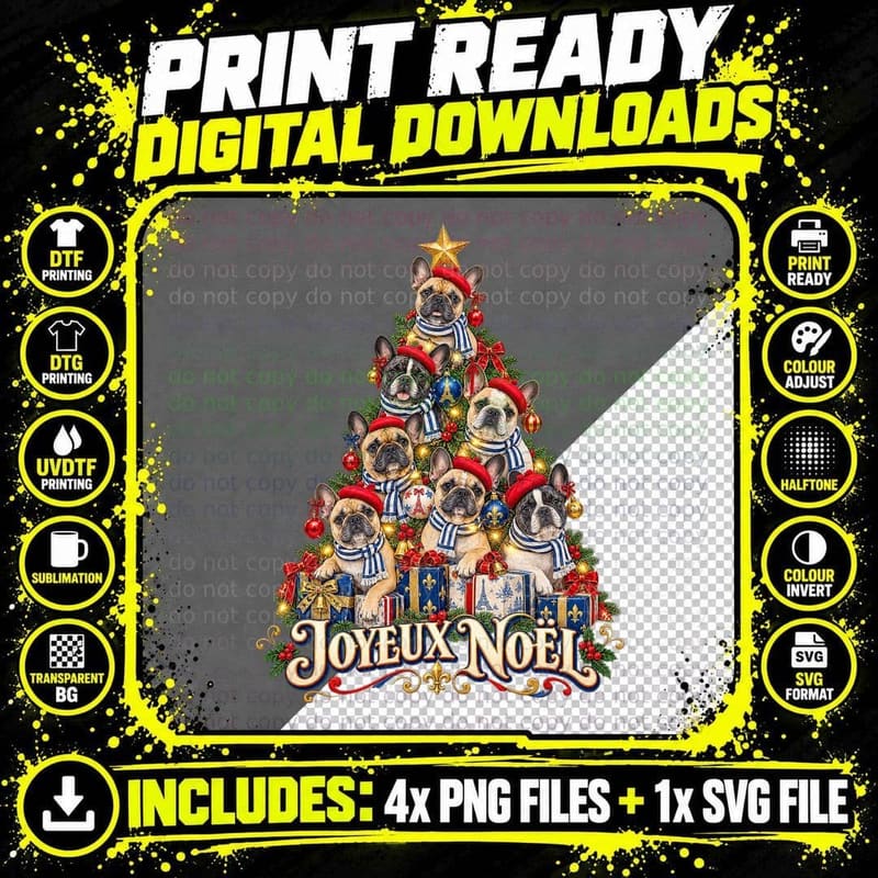 Joyeux Noel French Bulldog Christmas Tree Made Of Frenchies Beret Dog T-Shirt Png SVG Digital Bundle