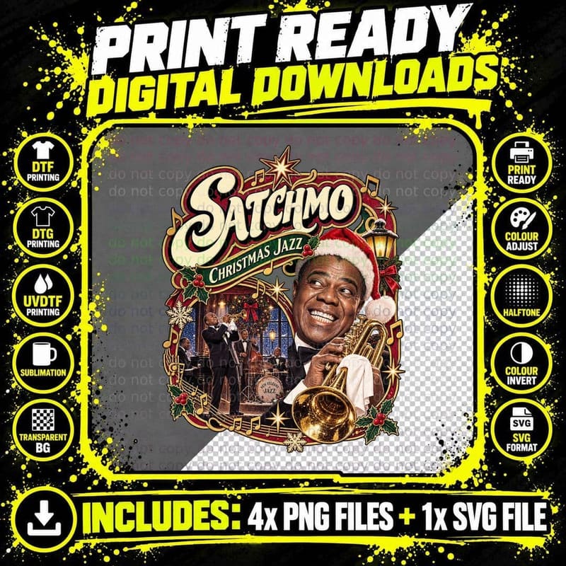 Louis Armstrong Satchmo Vintage Christmas Jazz Trumpet Png SVG Digital Bundle