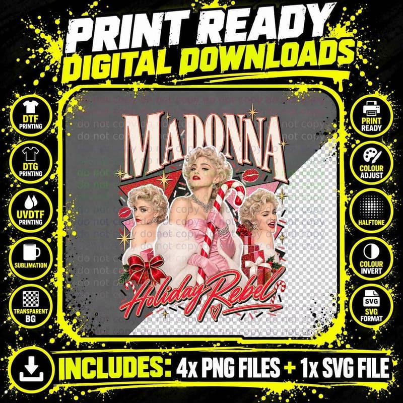 Madonna Holiday Rebel 80s Pop Queen Christmas Candy Cane Retro Pink T-Shirt Png SVG Digital Bundle