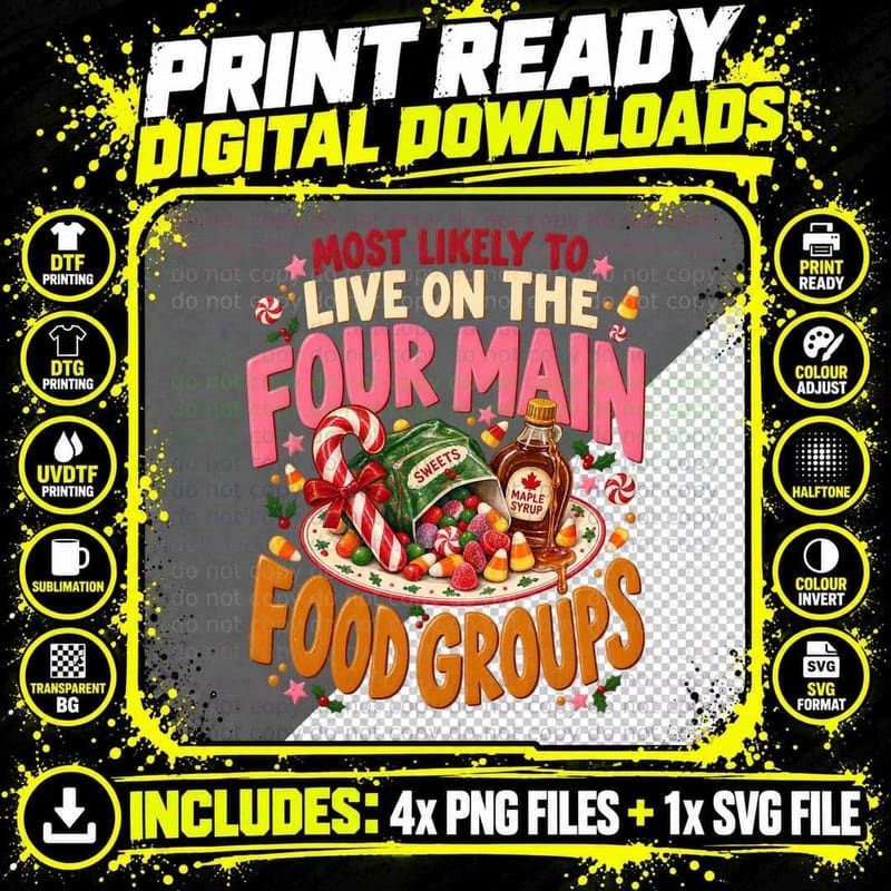 Most Likely To Live On The Four Main Food Groups Buddy Candy Cane Xmas T-Shirt Png SVG Digital Bundle