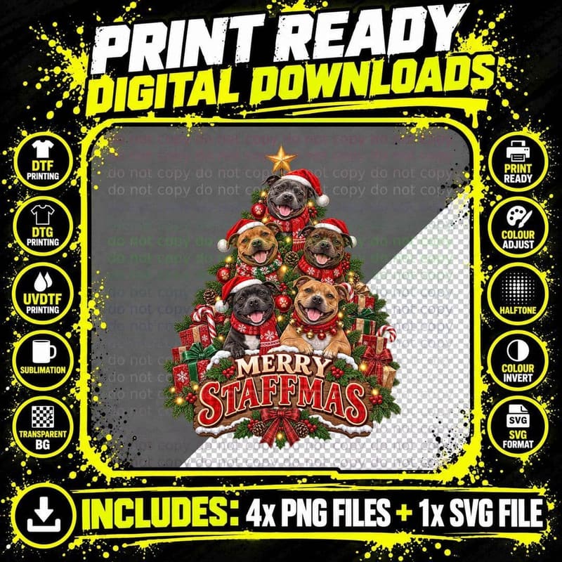 Merry Staffmas Staffordshire Bull Terrier Christmas Dog Png SVG Digital Bundle