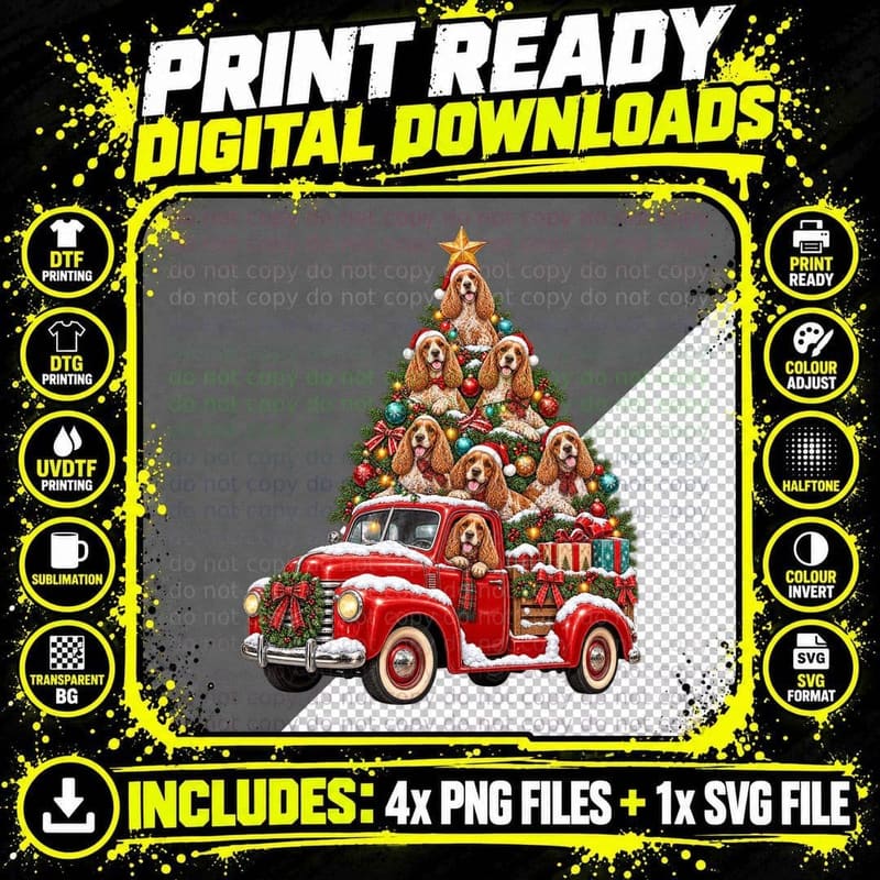 Orange Roan Cocker Spaniel Vintage Red Truck Christmas Png SVG Digital Bundle