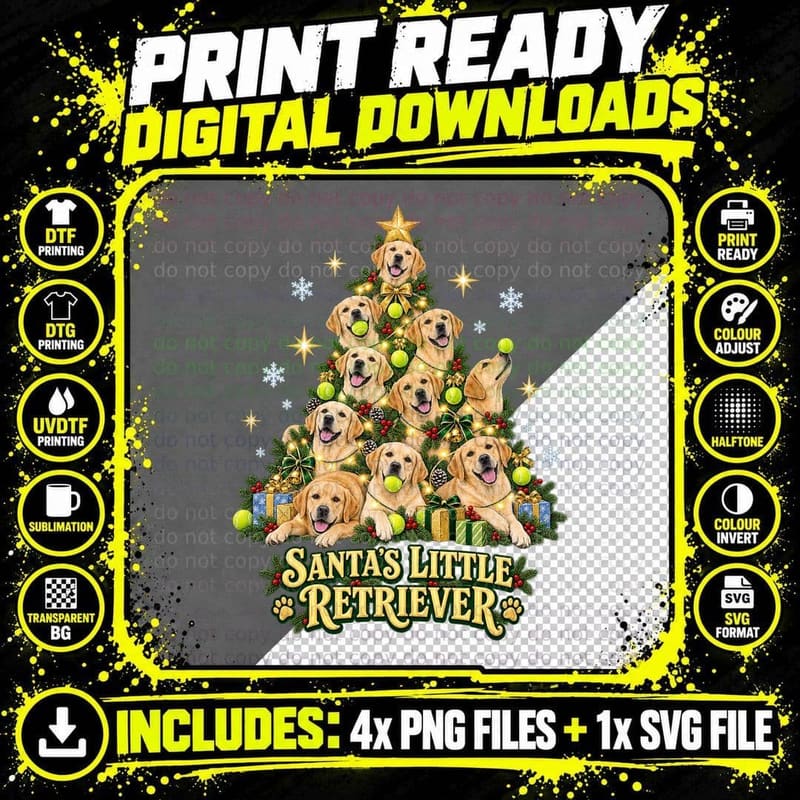 Santa's Little Retriever Christmas Tree Made Of Yellow Labradors Dog T-Shirt Png SVG Digital Bundle