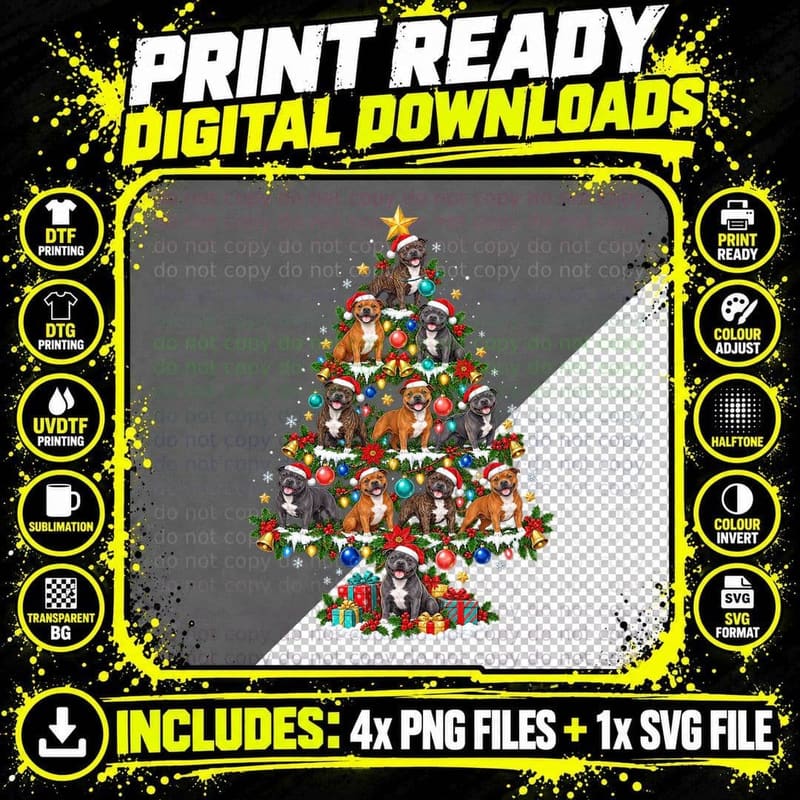 Staffie Christmas Tree Retro Cartoon Staffordshire Bull Png SVG Digital Bundle