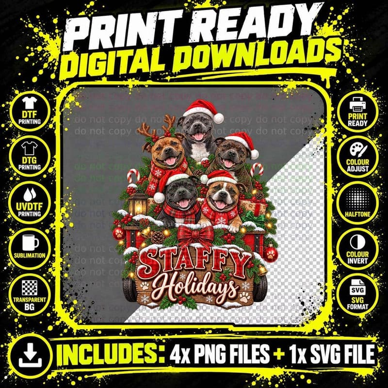 Staffy Holidays Staffordshire Bull Terrier Christmas Png SVG Digital Bundle