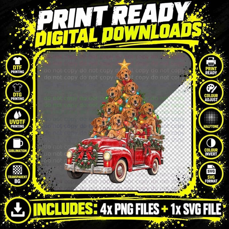 Fox Red Labrador Christmas Tree On Vintage Pickup Truck Lab Puppies T-Shirt Png SVG Digital Bundle