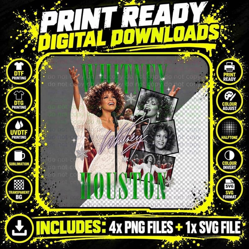 Whitney Houston Vintage Christmas Gospel Soul Diva 90s Png SVG Digital Bundle