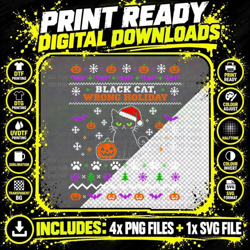 Black Cat Christmas Ugly Sweater Halloween Witch Pumpkin Png SVG Digital Bundle