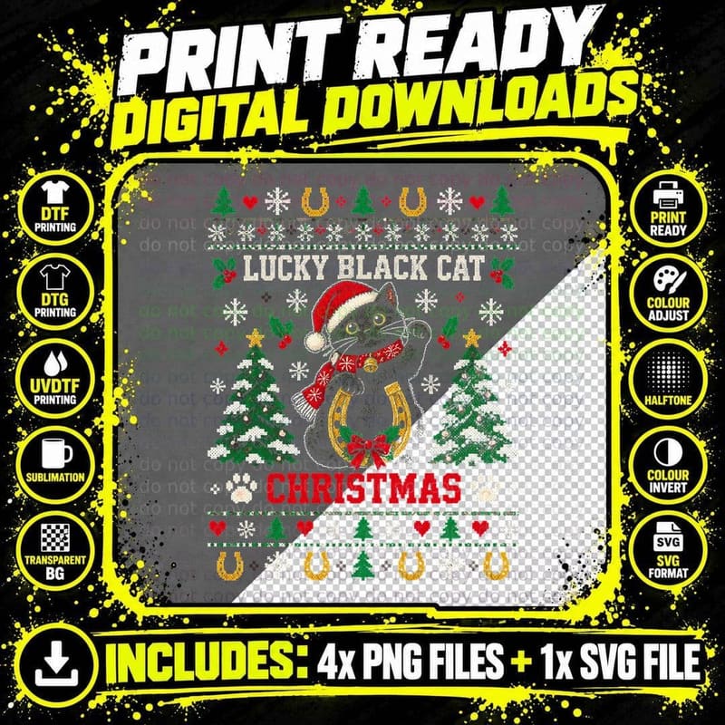 Black Cat Christmas Ugly Sweater Lucky Horseshoe Holly Png SVG Digital Bundle