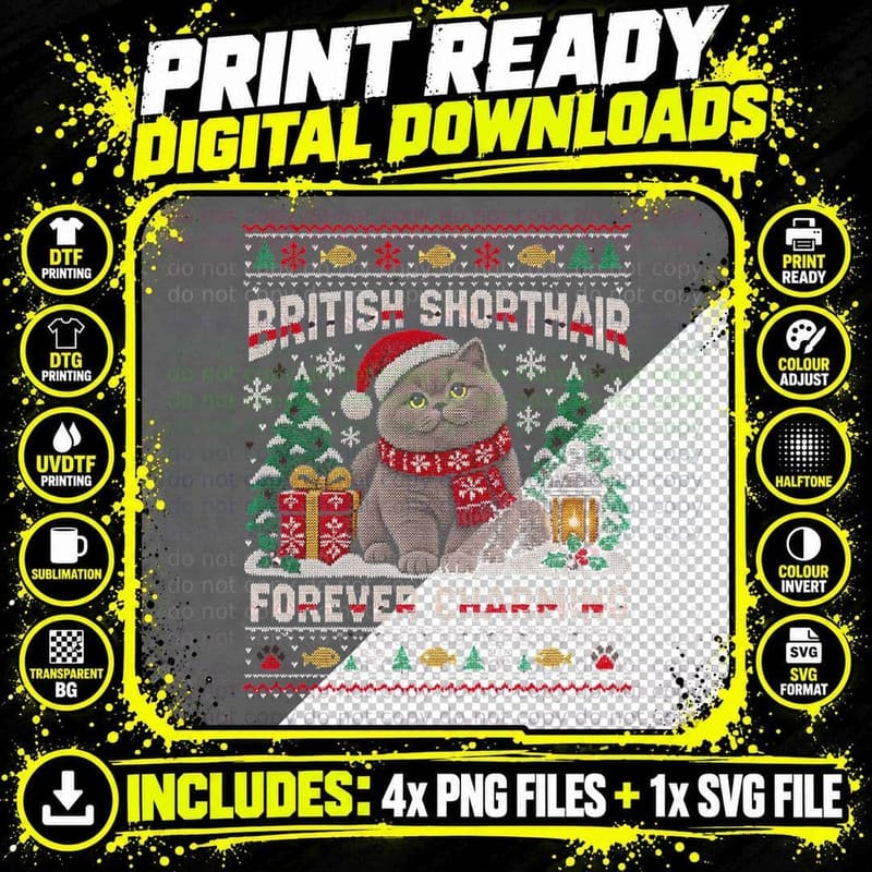British Shorthair Christmas Ugly Sweater Funny Cat Santa Png SVG Digital Bundle