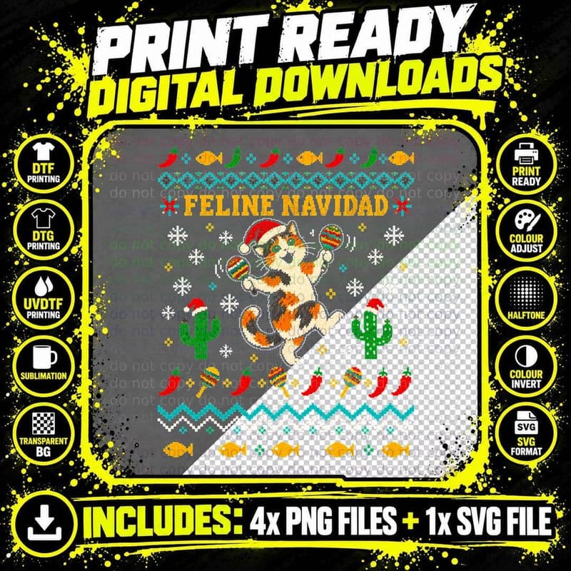 Calico Cat Christmas Ugly Sweater Feline Navidad Funny Png SVG Digital Bundle