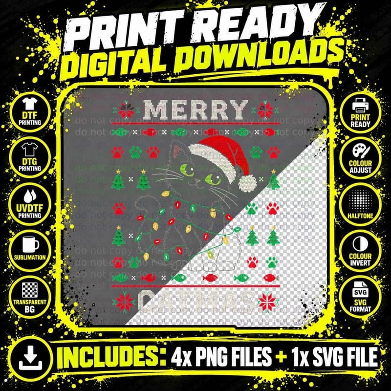 Funny Black Cat Christmas Ugly Sweater Merry Catmas Png SVG Digital Bundle