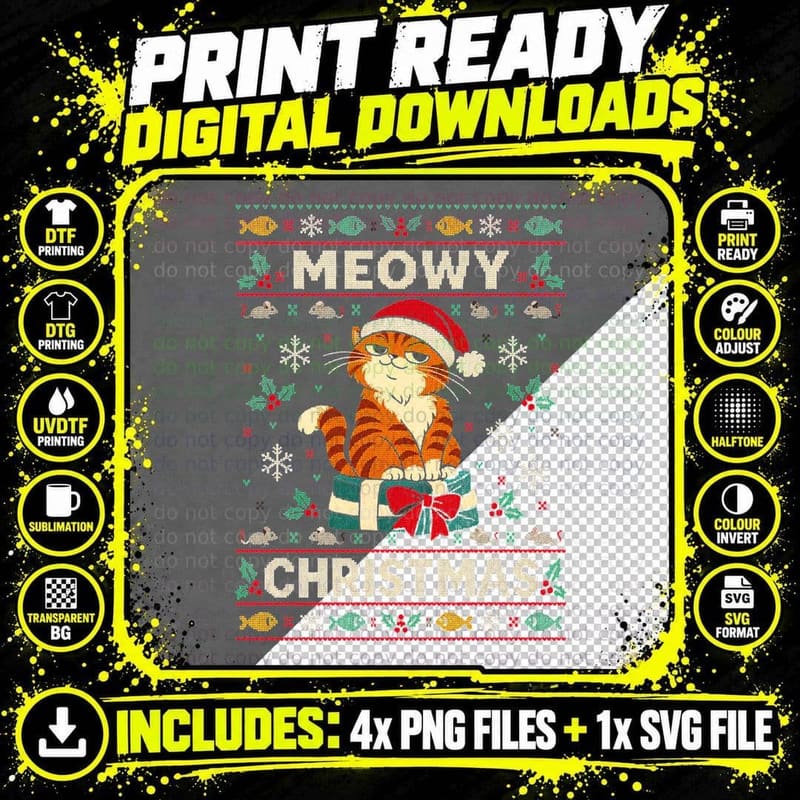 Ginger Cat Christmas Ugly Sweater Meowy Christmas Funny Png SVG Digital Bundle