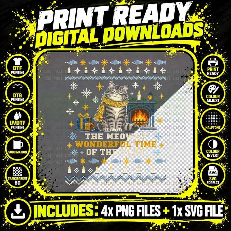 Grey Tabby Cat Christmas Ugly Sweater Cozy Fireplace Png SVG Digital Bundle