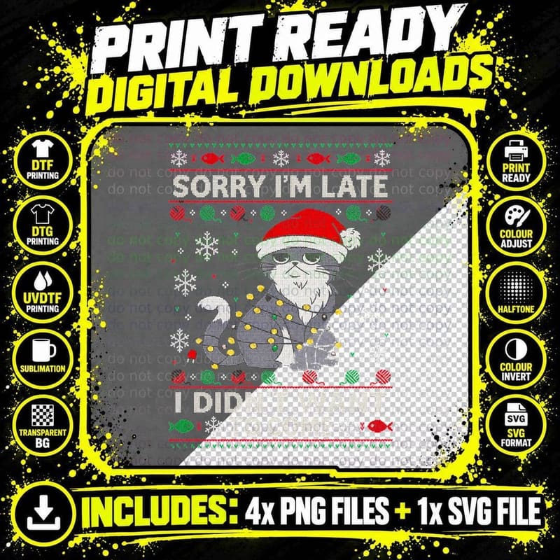 Grumpy Cat Christmas Ugly Sweater Sorry I'm Late Png SVG Digital Bundle