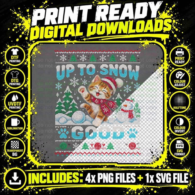 Kitten Christmas Ugly Sweater Up To Snow Good Funny Cat Png SVG Digital Bundle