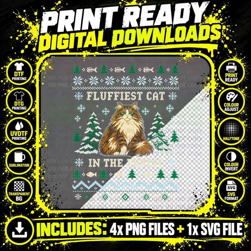 Norwegian Forest Cat Christmas Ugly Sweater Fluffy Png SVG Digital Bundle