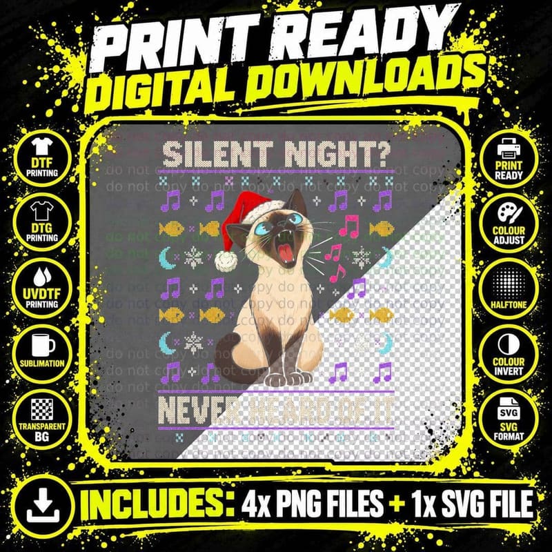 Siamese Cat Christmas Ugly Sweater Silent Night Funny Png SVG Digital Bundle