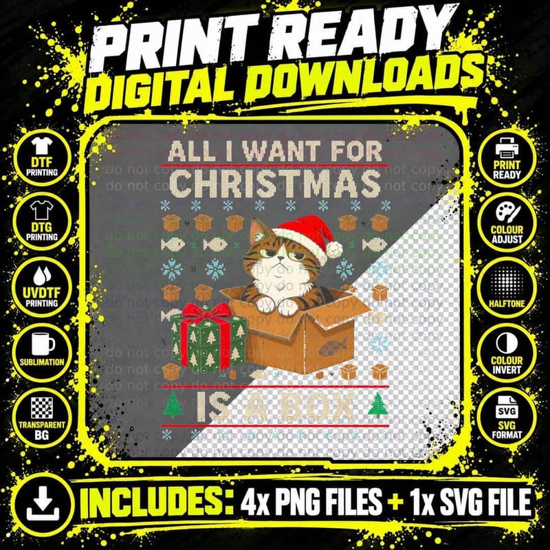 Tabby Cat Christmas Ugly Sweater All I Want Is A Box Png SVG Digital Bundle