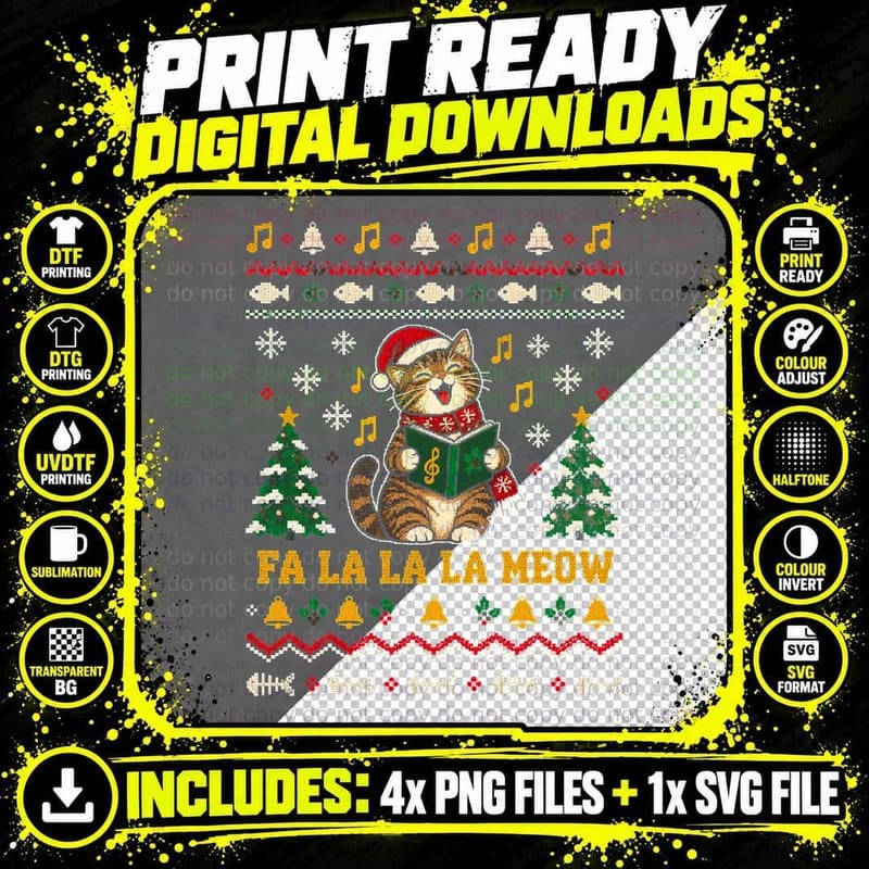Tabby Cat Christmas Ugly Sweater Carol Singing Funny Png SVG Digital Bundle
