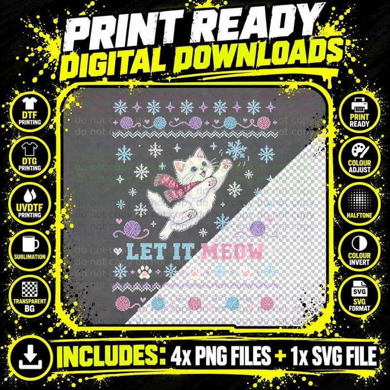 White Kitten Christmas Ugly Sweater Let It Meow Png SVG Digital Bundle