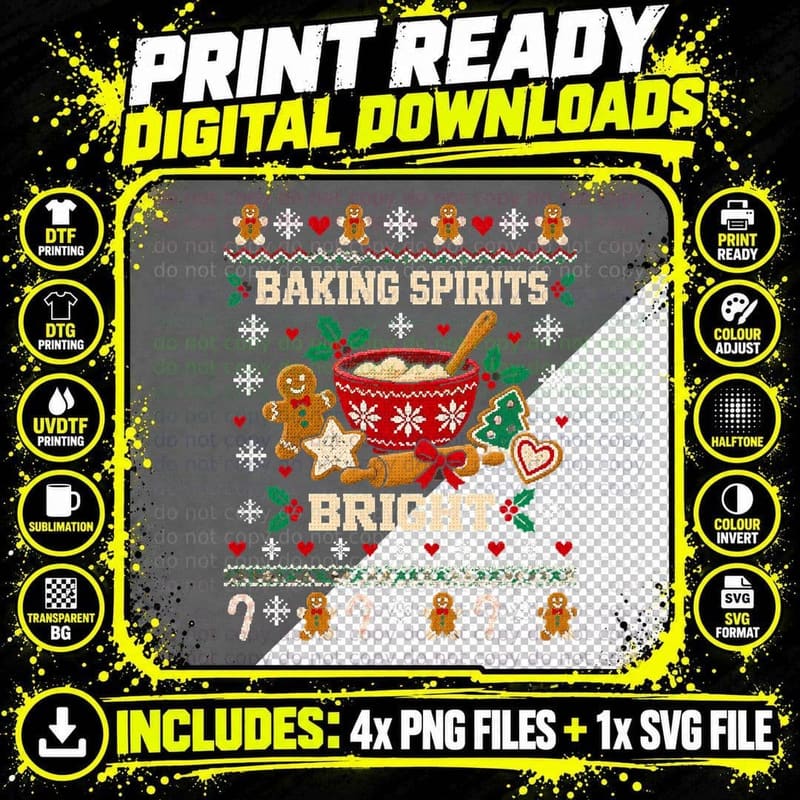 Baking Spirits Bright Gingerbread Bowl Christmas Baker Jumper Halftone T-Shirt Png SVG Digital Bundle