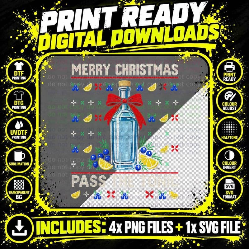 Christmas Gin Ugly Sweater Merry Christmas Pass the Png SVG Digital Bundle