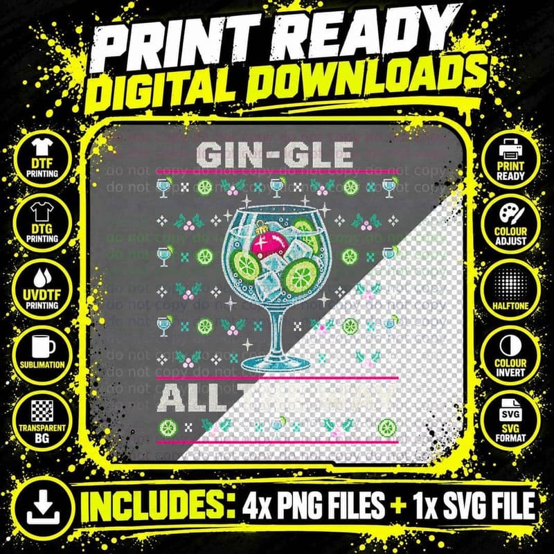 Gin and Tonic Christmas Ugly Sweater Gin-Gle All the Way Png SVG Digital Bundle