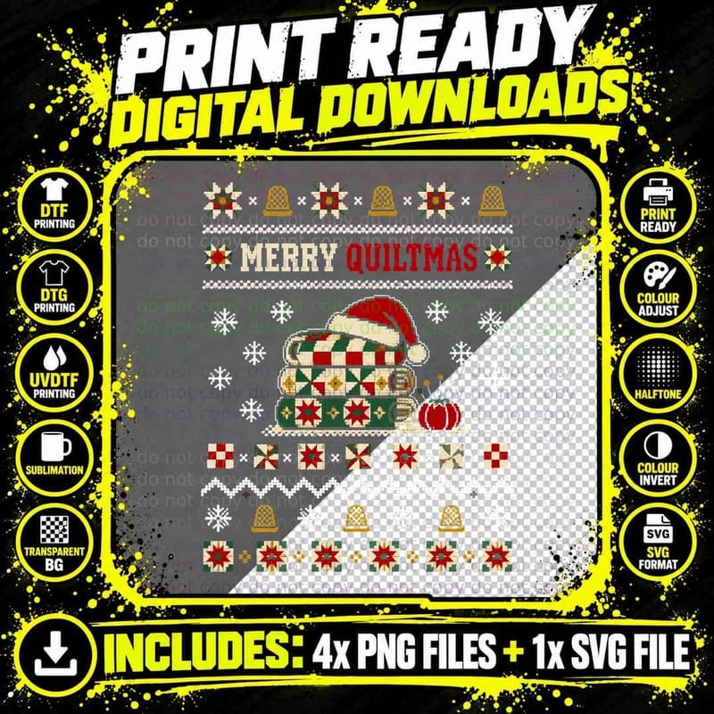 Merry Quiltmas Quilt Stack Santa Hat Quilter Christmas Jumper Halftone T-Shirt Png SVG Digital Bundle